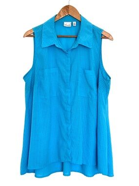 Kim Rogers Plus Shirt Women’s 2X Blue Plaid Sleeveless Button Down Sheer Pockets